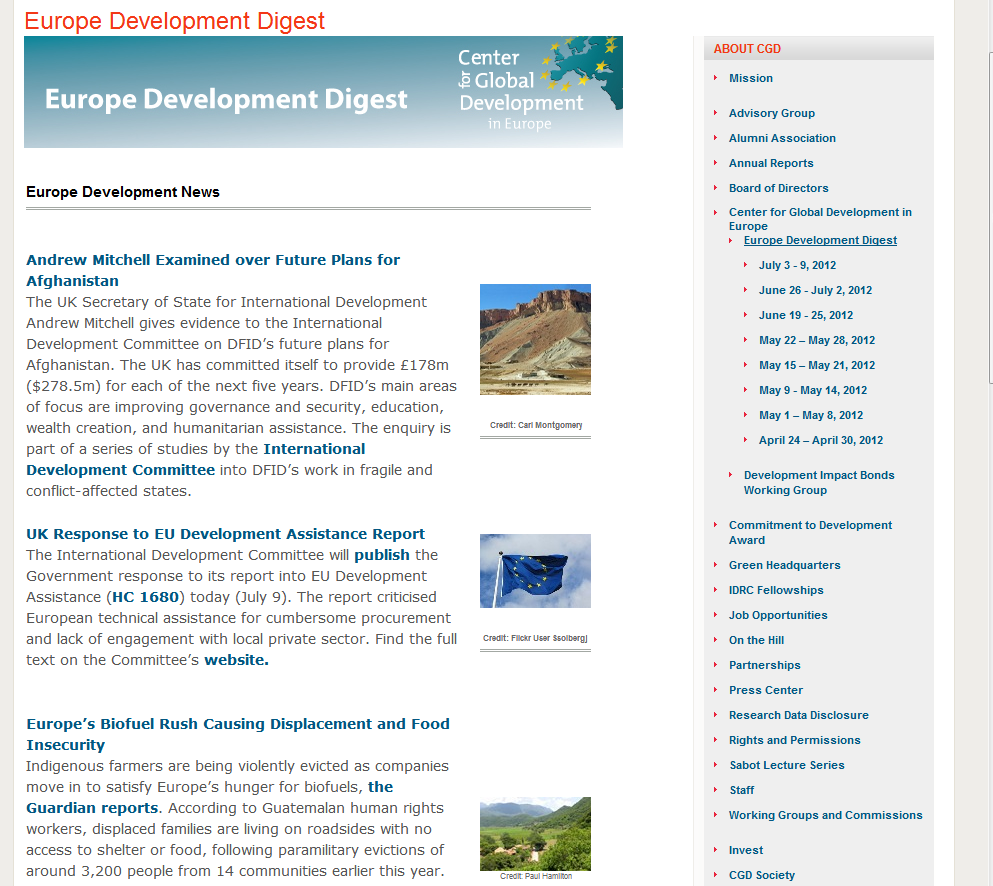 Screenshot of the European Development Digest, July 2012