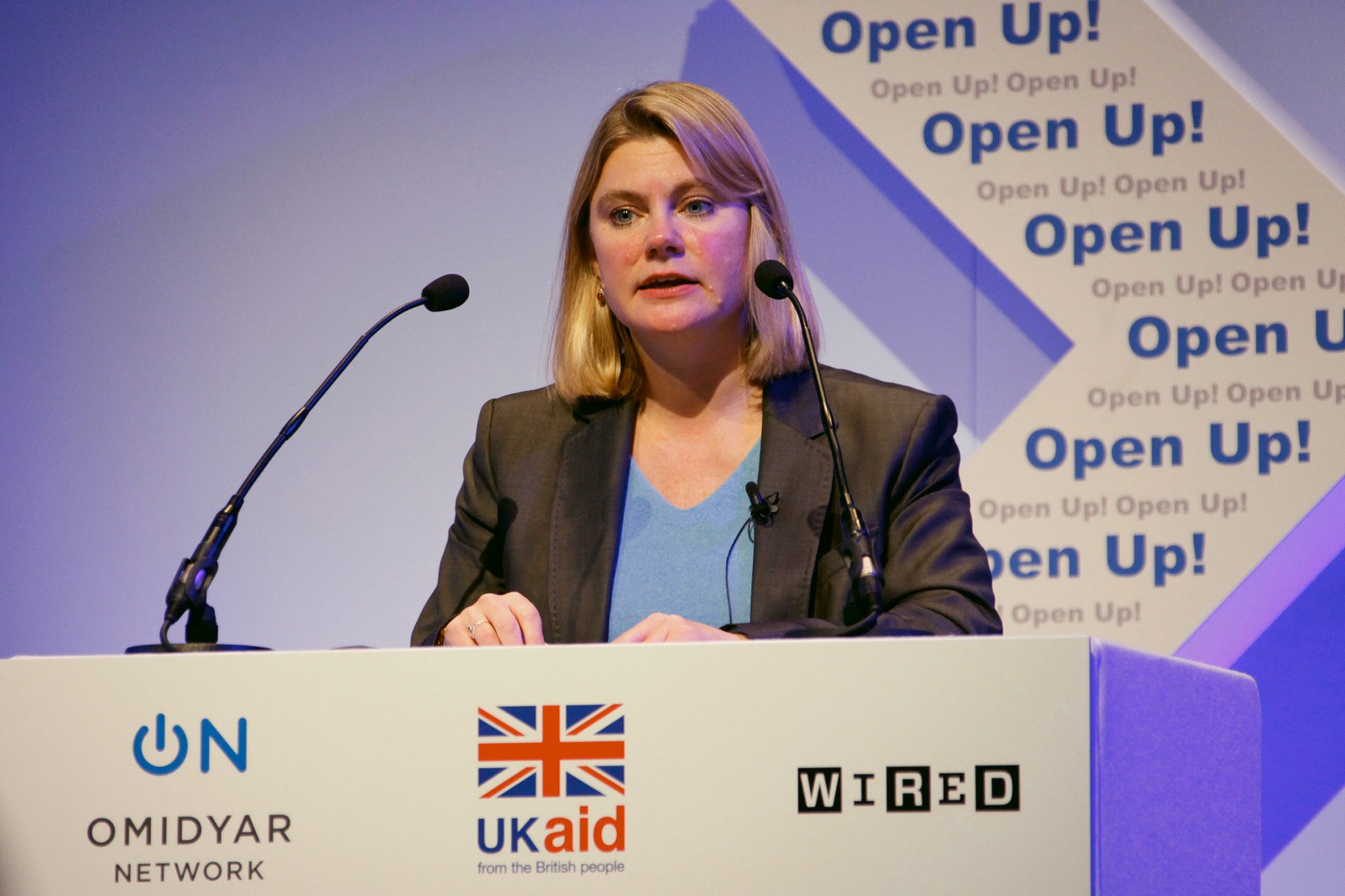 Justine Greening speaking at the DFID Omidyar Network Open Up! conference