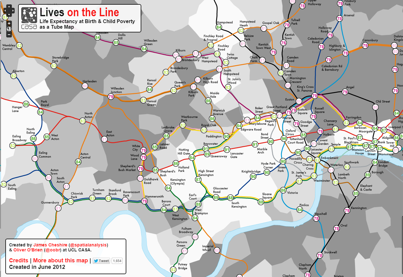 A map showing life expectancy at tube stations