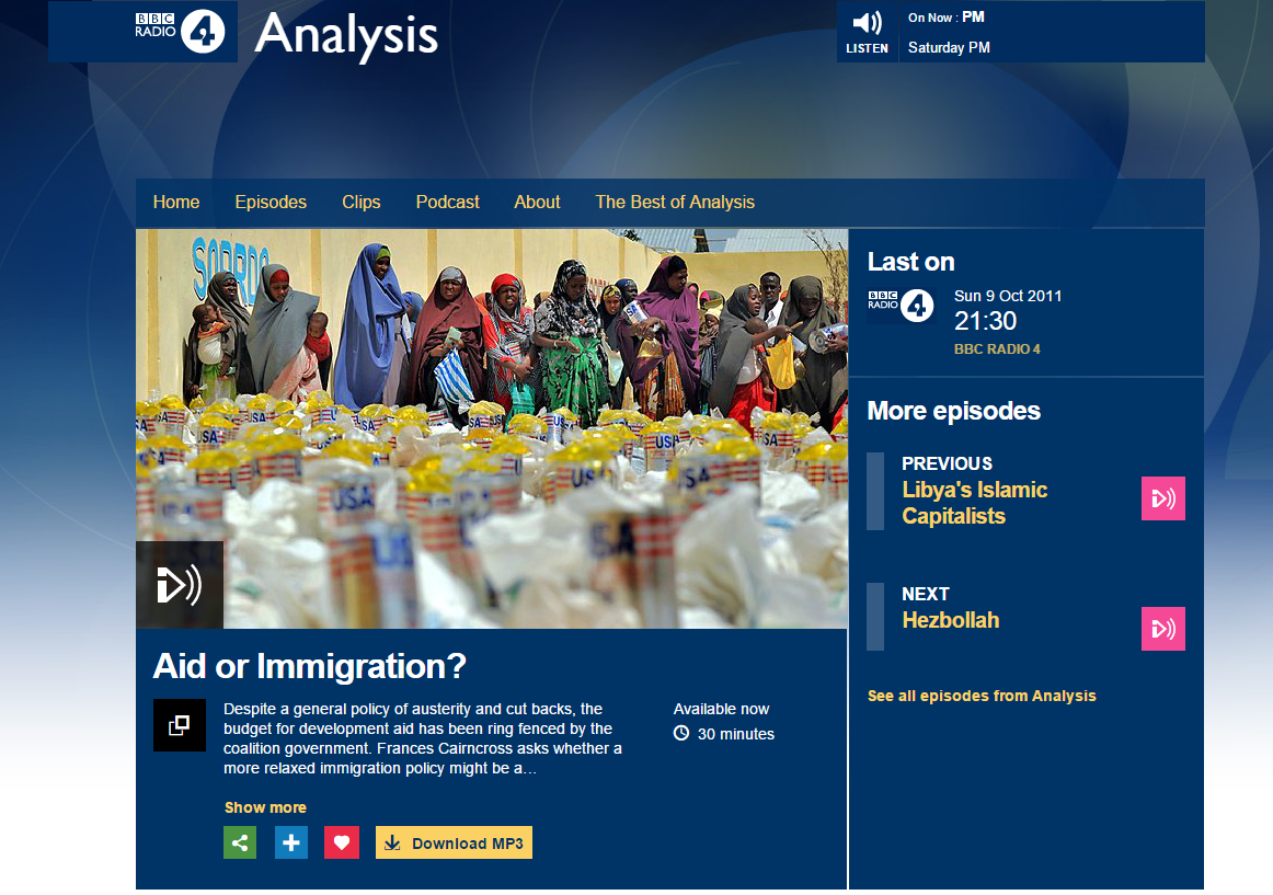 The BBC website showing the aid or immigration programme