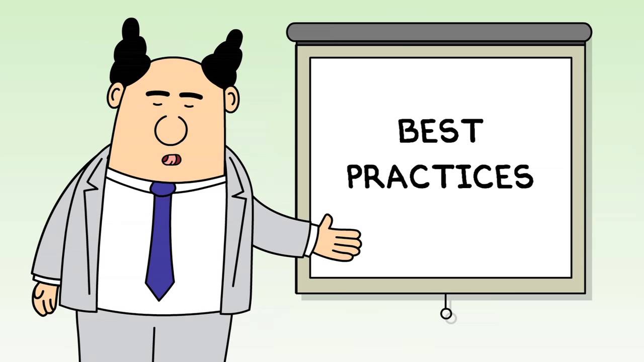 The Pointy Haired Manager from the Dilbert Cartoon with a slide saying "Best Practices"