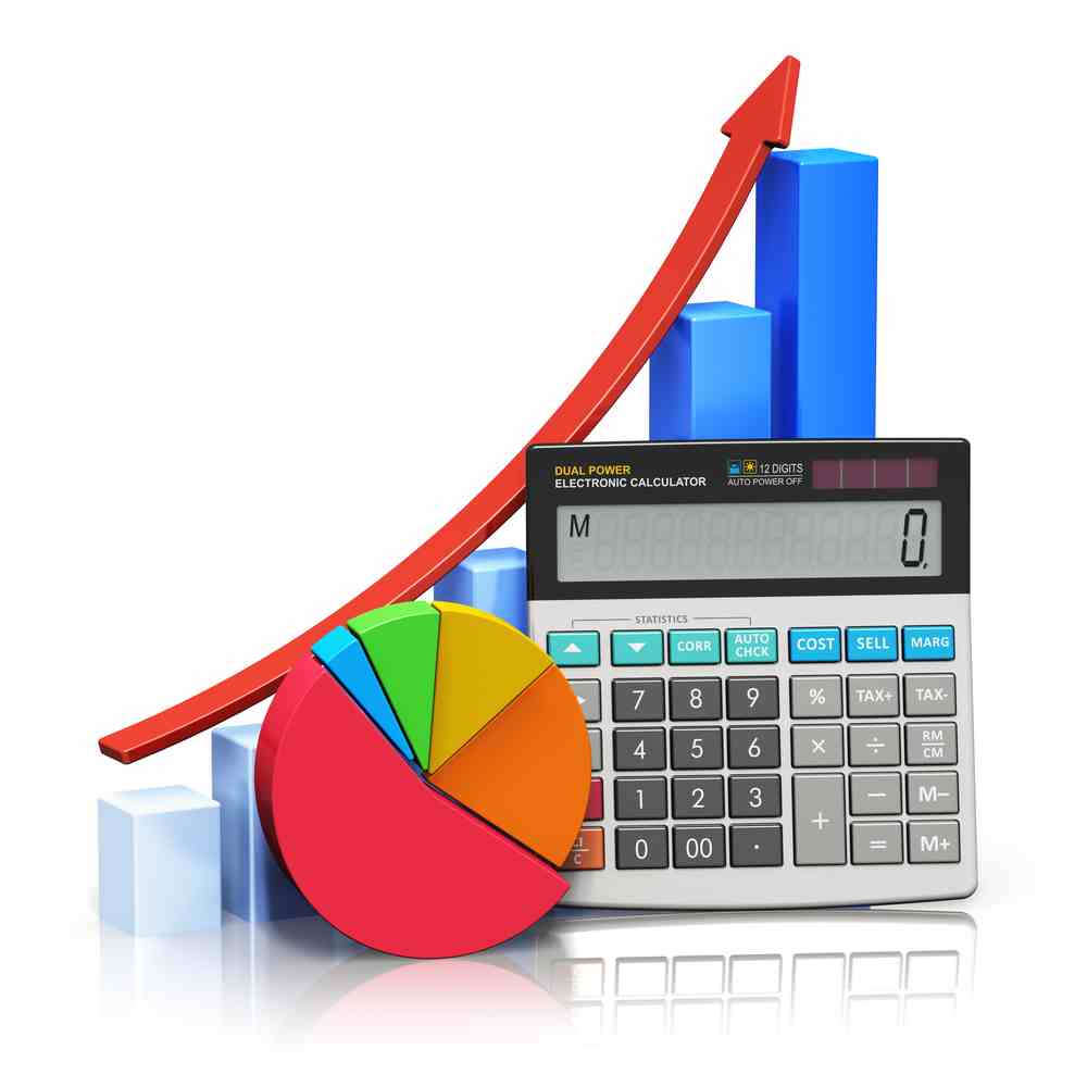 A computer generated graphic with calculator, pie chart, bar chart