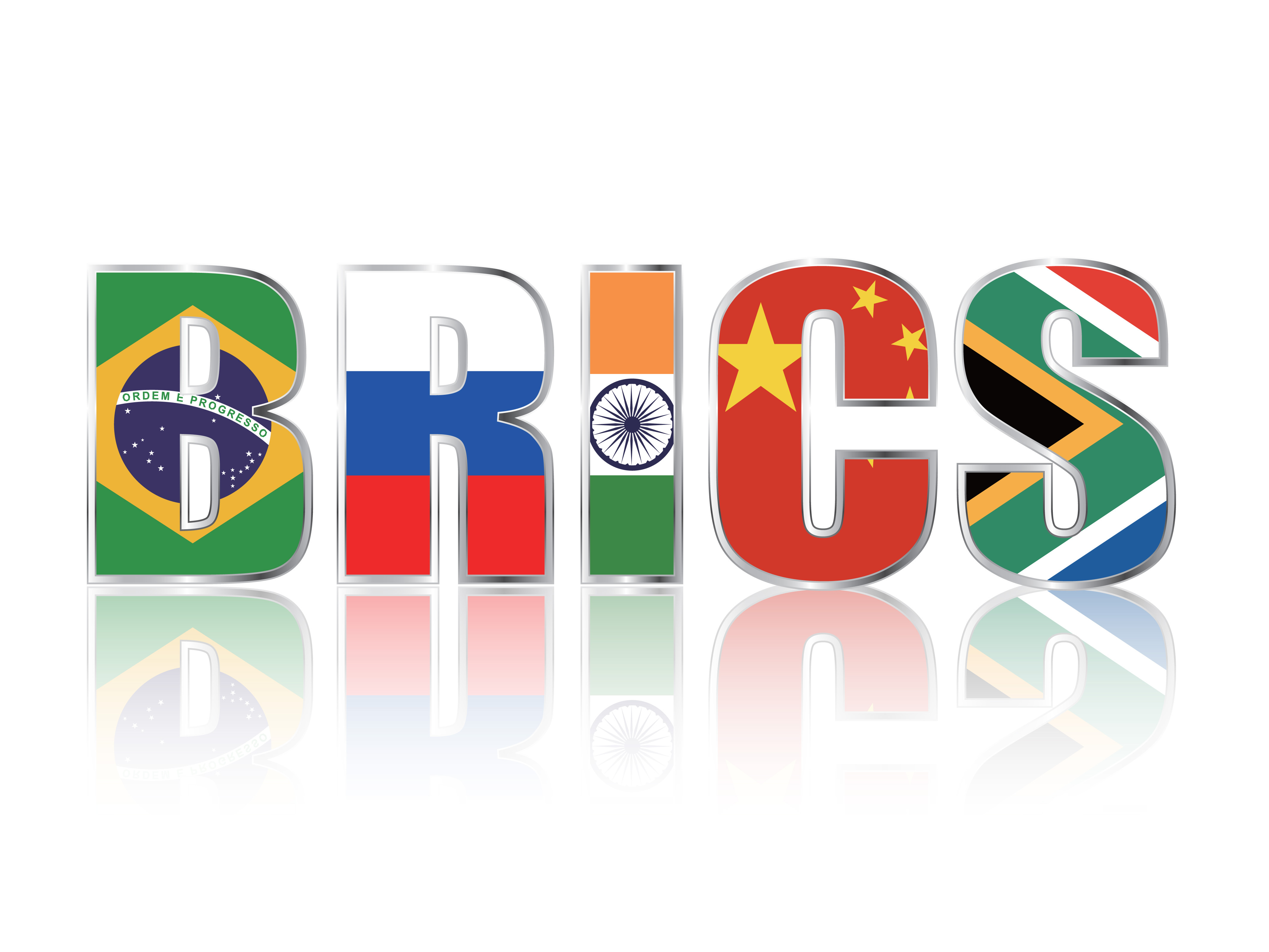 The acronym BRICS in the flags of Brazil, Russia, India, China and South Africa