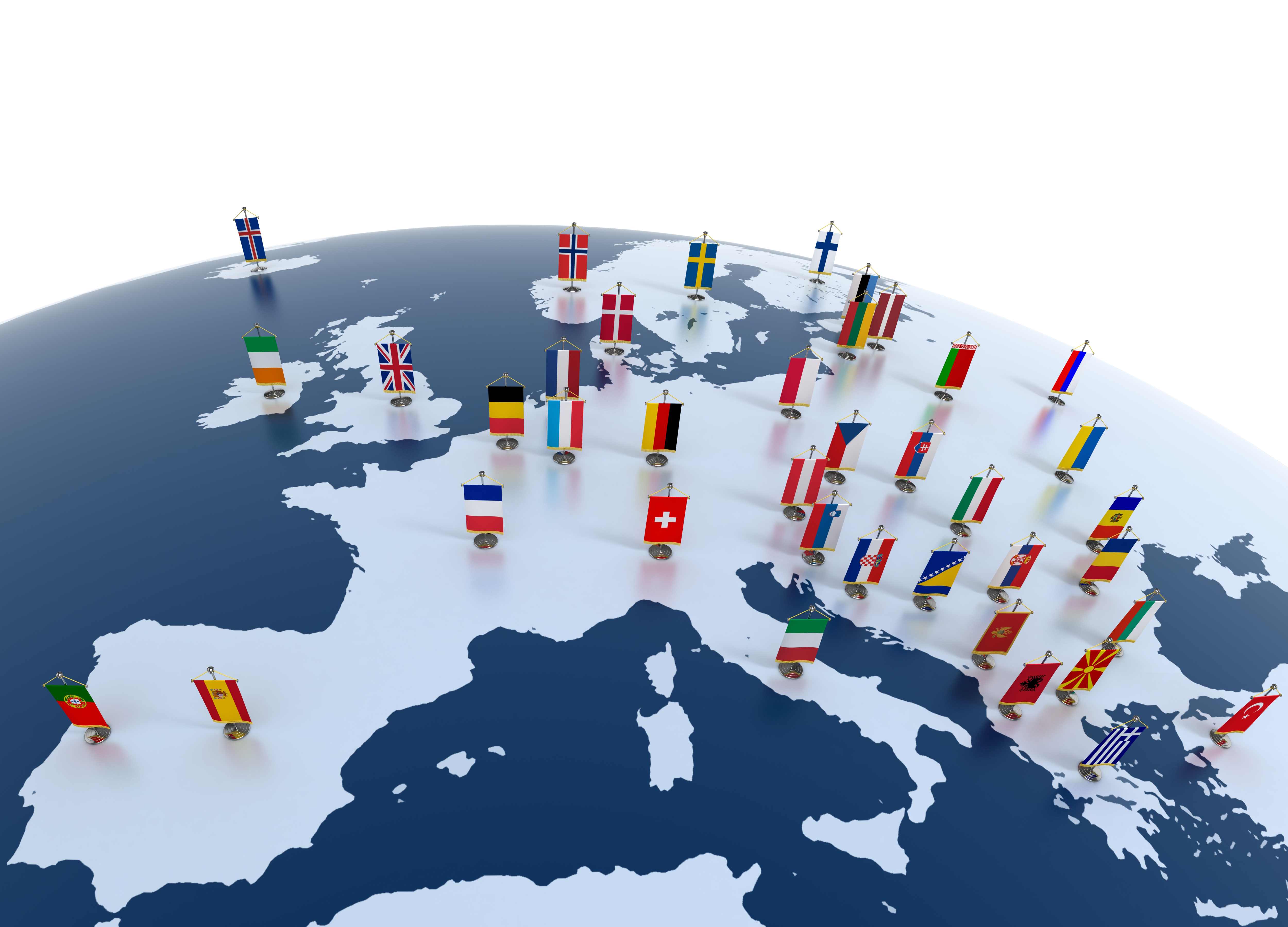 European countries 3d illustration - european continent marked with flags