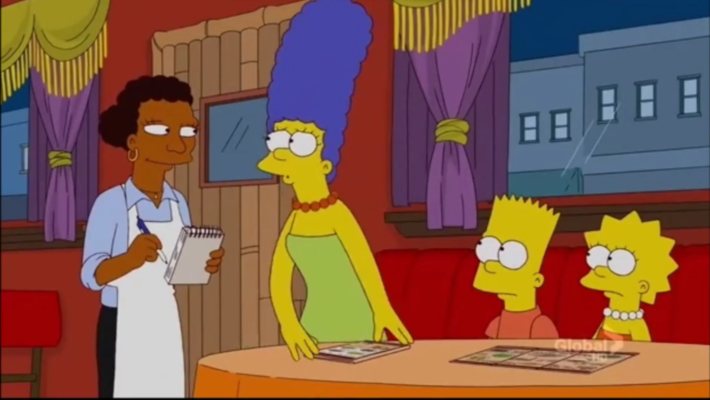 Screenshot showing the Simpsons in an Ethiopian restaurant